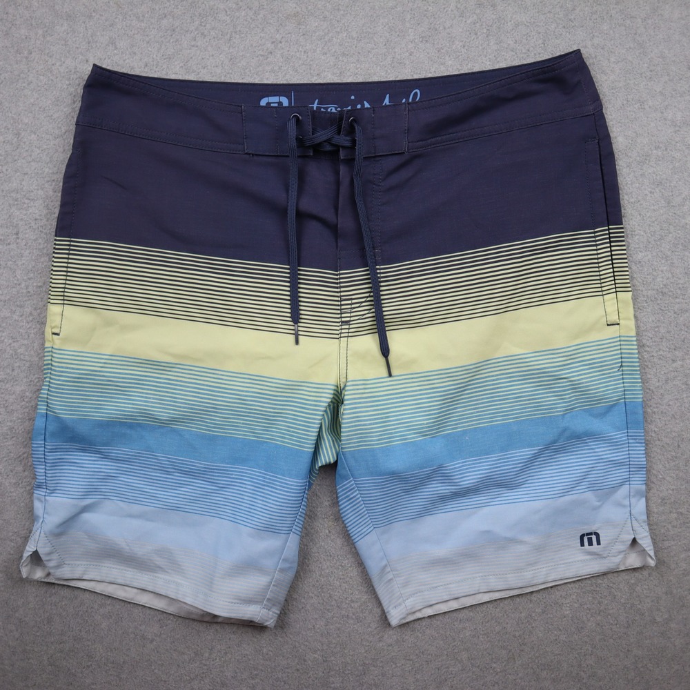 Travis Mathew Board Shorts Mens 36 Blue Yellow Striped Surf Swim Trunks Stretch